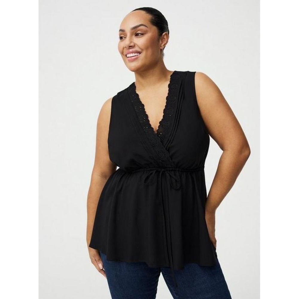 Torrid Women Black Eyelet Lace Trim V-Neck Drawstring Babydoll Top Size 0 L